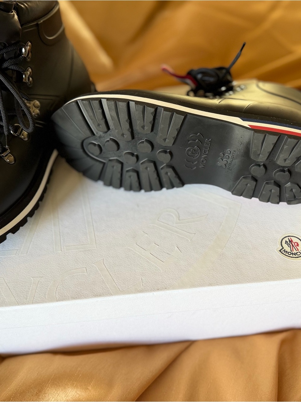 Moncler Men's Black Leather Hiking-Inspired Lace-Up Boots with Tricolor Stripe
